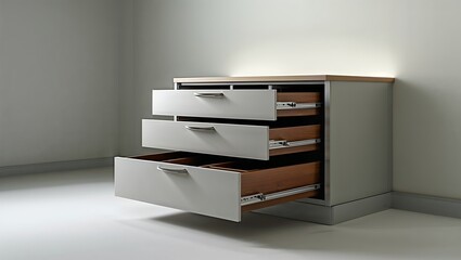 Modern furniture drawer unit with open drawers in a minimalist setting showcasing elegant design and functionality