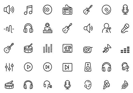 Music icon set with sound, musical note, vinyl record, radio, piano, speaker, disc, microphone, earphones, DJ, guitar, trumpet, singing, volume, audio, instrument, vector illustration