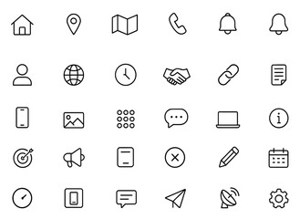 Contact us icon set with home, location, map, call, email, message, subscribe, bullhorn, partnership, time, links, and more. Vector illustration communication support service, help, client, online