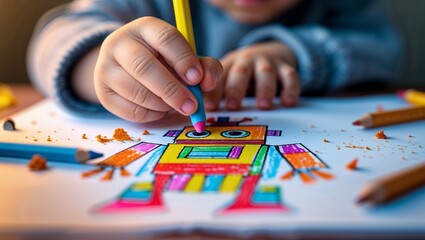 Child creates vibrant robot drawing with colored pencils during an afternoon art session at home
