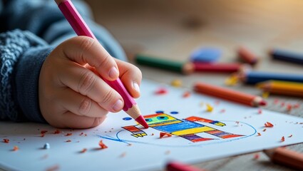 Child creating colorful robot drawing with colored pencils on a wooden table surrounded by art supplies