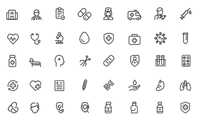 Medical icon set with healthcare, hospital, doctor, medicine, pills, treatment, clinic, nurse, emergency, surgery, vaccination, and more. Vector illustration, patient care, laboratory diagnostics