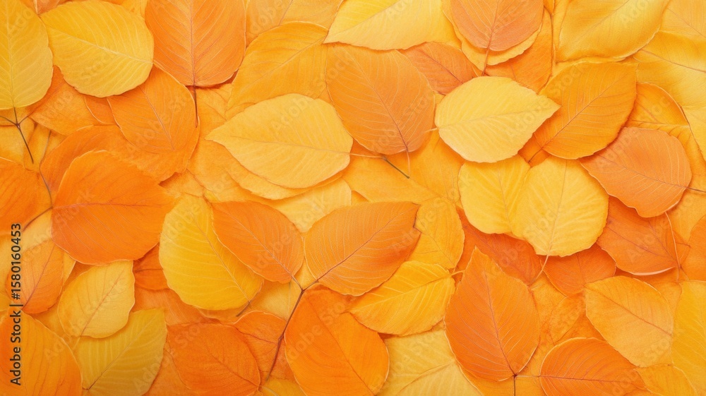 Poster close up view of overlapping yellow and orange autumn leaves creating a warm and colorful fall backd