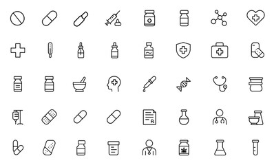 Pharmacy vector icon set. Editable medical and pharmaceutical illustration with pills, capsules, syringes, tablets, vitamins, antibiotics, healthcare, hospital, treatment, research, medication