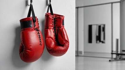 A pair of vibrant red boxing gloves hang against a minimalist backdrop, symbolizing strength and determination.