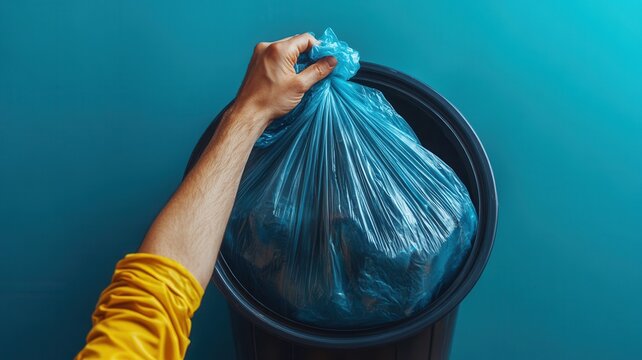 Plastic garbage bag discarding into trashcan, highlighting environmental waste management practice against neutral backdrop