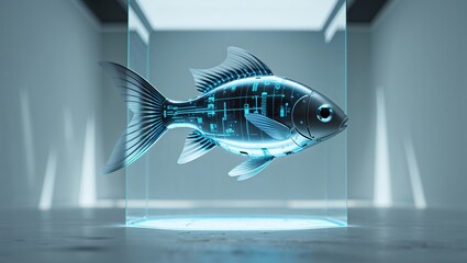 Digital fish model floating in a glass enclosure with futuristic technology representation
