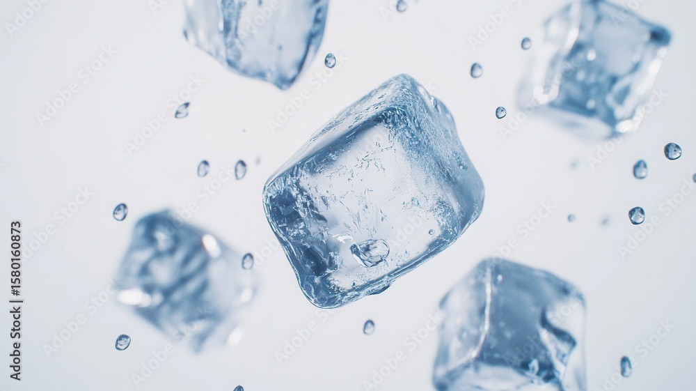 Poster ice cubes falling and splashing with water creating refreshing drops on light blue gradient backgrou