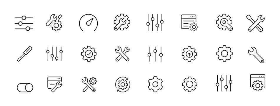 Settings control icon set, editable stroke vector illustration of gear, preferences, configuration, adjustments, equalizer, system setup, optimization, cogwheel, wrench, UI customization