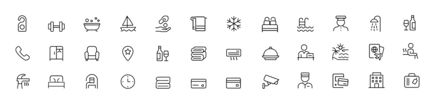Editable stroke vector illustration icon set for hotel business: room service, reception, resort vacation, travel, amenities, luggage, pool, restaurant, security, concierge, accommodation