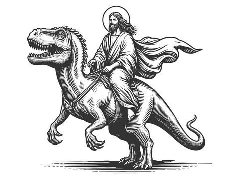Jesus Christ with halo riding a dinosaur sketch engraving generative ai fictional character raster illustration. Scratch board imitation. Black and white image.