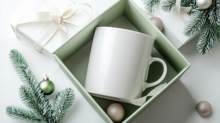 Festive white ceramic mug nestled in open gift box, surrounded by holiday decorations, pine branches, ornaments on teal background