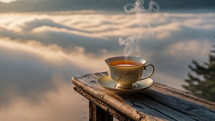 Steaming cup of tea rests on a wooden railing with clouds rolling beneath in early morning light