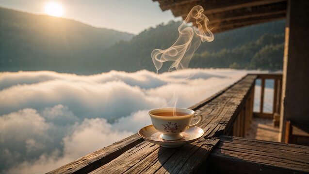 Tranquil morning with steaming cup of tea overlooking clouds in serene mountain setting
