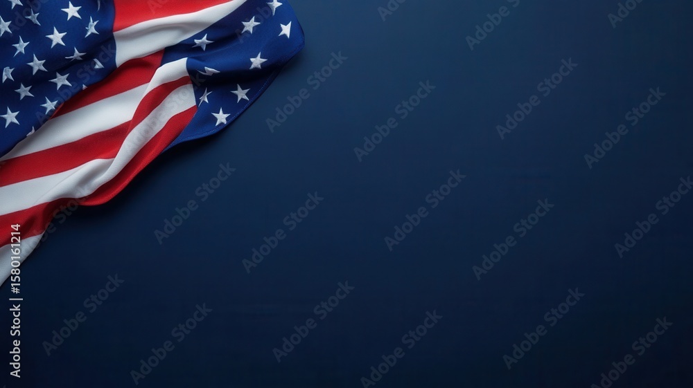 Poster united states flag draped over a dark blue background, creating a patriotic image with space for tex