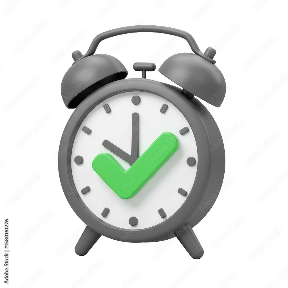 Poster alarm clock checkmark render grey metallic timekeeping on transparent background