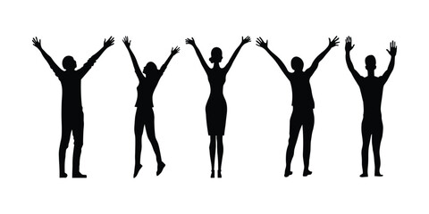 Man and Woman Silhouettes Cheering and Celebrating with Raised Hands Vector Design