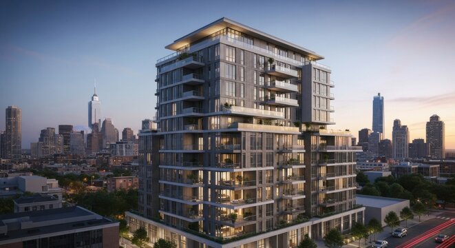 Modern Luxury High Rise Apartment Building Exterior View At Dusk