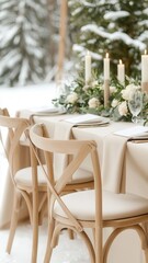 Wedding reception table elegantly set, white florals adorning wooden cross back chairs, snow capped mountain peaks framing romantic dining scene