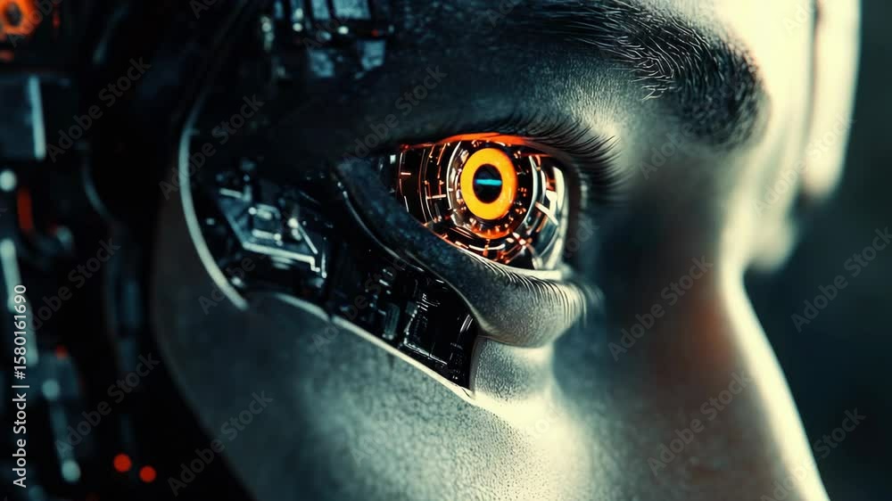Poster an of a humanoid robot with cybernetic eyes. the eye is metallic and has internal gears, representin