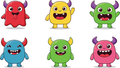 Colorful cartoon monsters with cute horns, funny faces, happy expressions, playful poses, isolated background, children design, fantasy character illustration