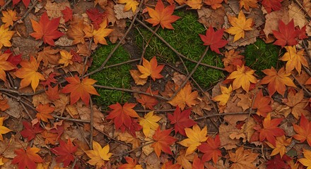 Topdown view of autumn leaves red orange and yellow maple leaves dry brown leaves green moss patches and thin twigs on the ground