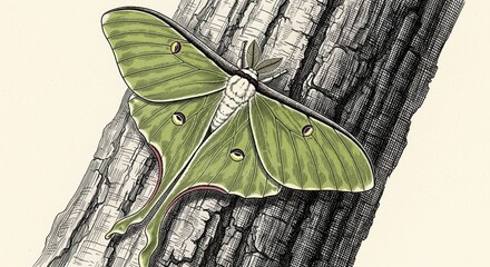Detailed Engraving of a Luna Moth Resting on Tree Bark