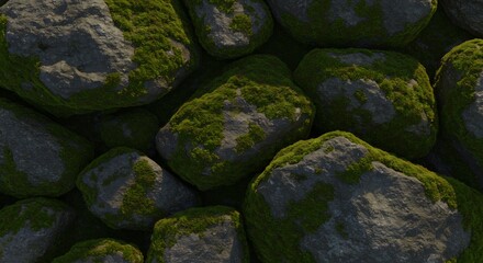 Topdown view of numerous grey rocks partially covered with vibrant green moss