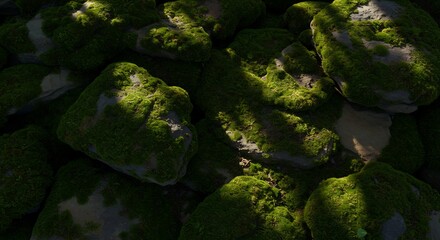 Topdown view of rocks covered in vibrant green moss with dappled sunlight creating bright and shadowed areas