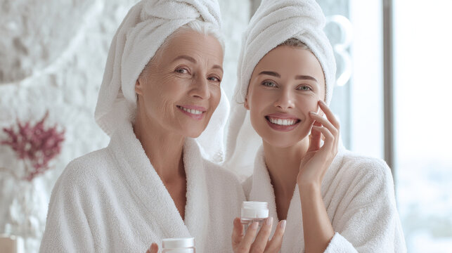 Mother and daughter wearing white bathrobes and towels on their heads enjoy skincare routine together, smiling happily while holding cream jars in bright room - Powered by Adobe