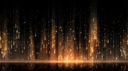 Golden Glittering Particles and Upward Light Streaks on Dark Background