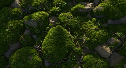 Vibrant green moss covers natural gray rocks with scattered small plants and intertwining branches