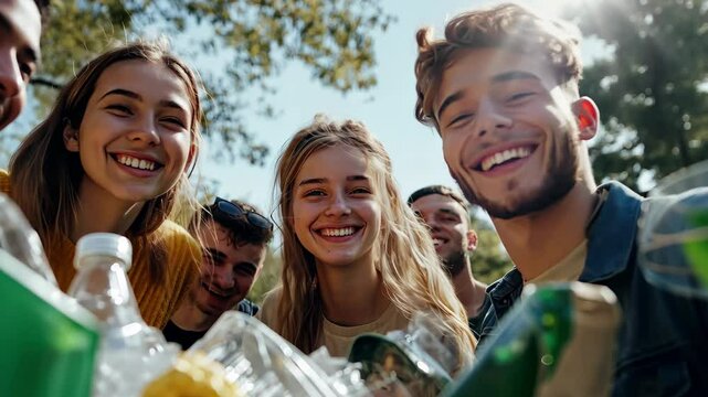 Young people share laughter and compliments while engaging in clean up activity outdoors on a sunny day, POV Happy young people complimenting each other after throwing away recyclables Cinematic