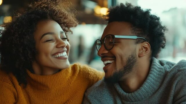 Smiling man and woman with joyful expressions, enjoying each other's company outdoors at twilight.