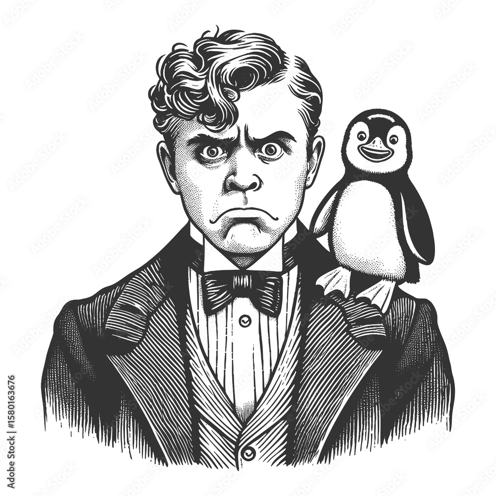 Poster victorian gentleman in a top hat holding a surprised penguin sketch engraving generative ai fictiona