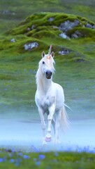 White horse and elegant dog standing together in a natural setting