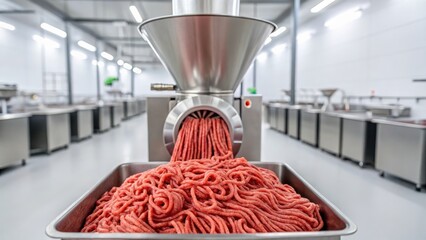 Meat processing. Industrial meat processing equipment with ground meat in a hygienic facility.