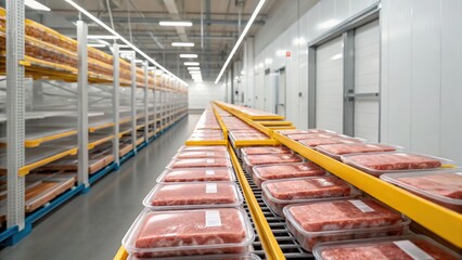 Meat processing. Modern meat processing facility with packed meat trays on conveyor belts and organized storage shelves.
