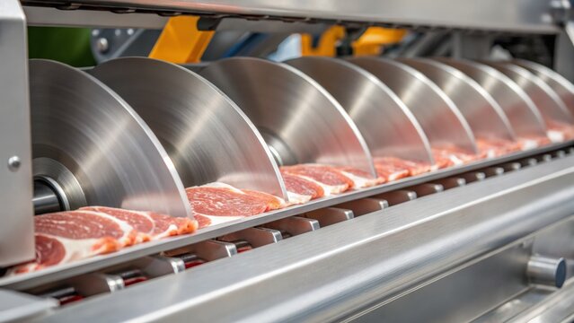 Meat processing. High-tech meat processing equipment slicing steaks.