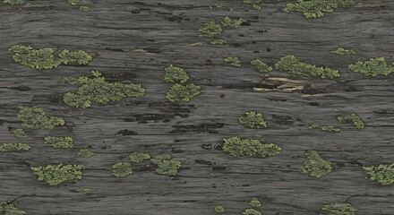 Weathered dark grey wood surface covered in various sizes of green lichen patches and cracks