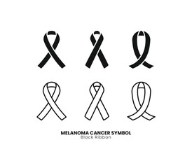 A collection of black ribbon melanoma cancer awareness symbols, perfect for health, support, and charity designs