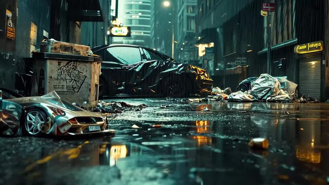 Desolate urban street with trash and homeless figure under rain at night in abandoned neighborhood, Desolate urban street with trash and homeless figure in the rain