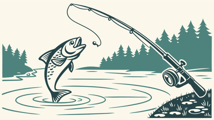 Fishing adventure illustration featuring a jumping fish and fishing rod for outdoor enthusiasts and anglers