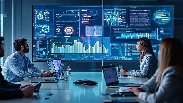 Team analyzing data on large screens during a business meeting in a modern office environment