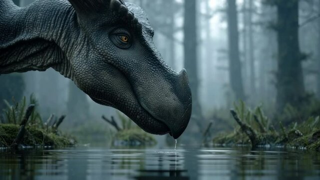 close-up of Parasaurolophus drinking from a forest pond, reflection in water, surrounded by primitive amphibians, cinematic focus