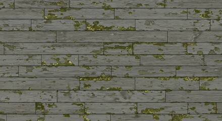 Weathered gray wooden planks with peeling paint and bright green moss forming a horizontal pattern