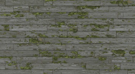 Weathered gray wooden planks with prominent patches of green moss and peeling surface