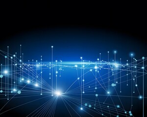 Futuristic Digital Interface with Glowing Blue Background Featuring Abstract Tech Grid, Connected Light Nodes, and Data Network Flow