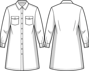 Women’s shirt tunic technical sketch with long sleeves, chest pockets, button front, curved hemline, and back dart detail illustration.