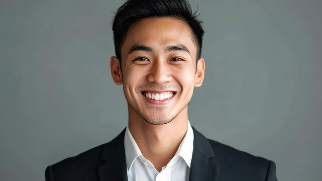 Young handsome Asian businessman smiling in professional attire against gray background, Young handome asian businessman smiling isolated in studio